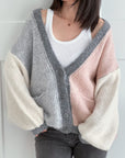 Strickjacke, Color-Blocking, Grau-Rosa