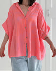 Musselin Bluse, Kurzarm, Neon-Streifen, 2 Farben