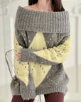 Pullover, Argyle, Schulterfrei, Flauschi, 3 Farben