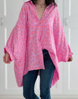 Musselin Bluse, Batwing, Oversize, Neon-Leo, Violett