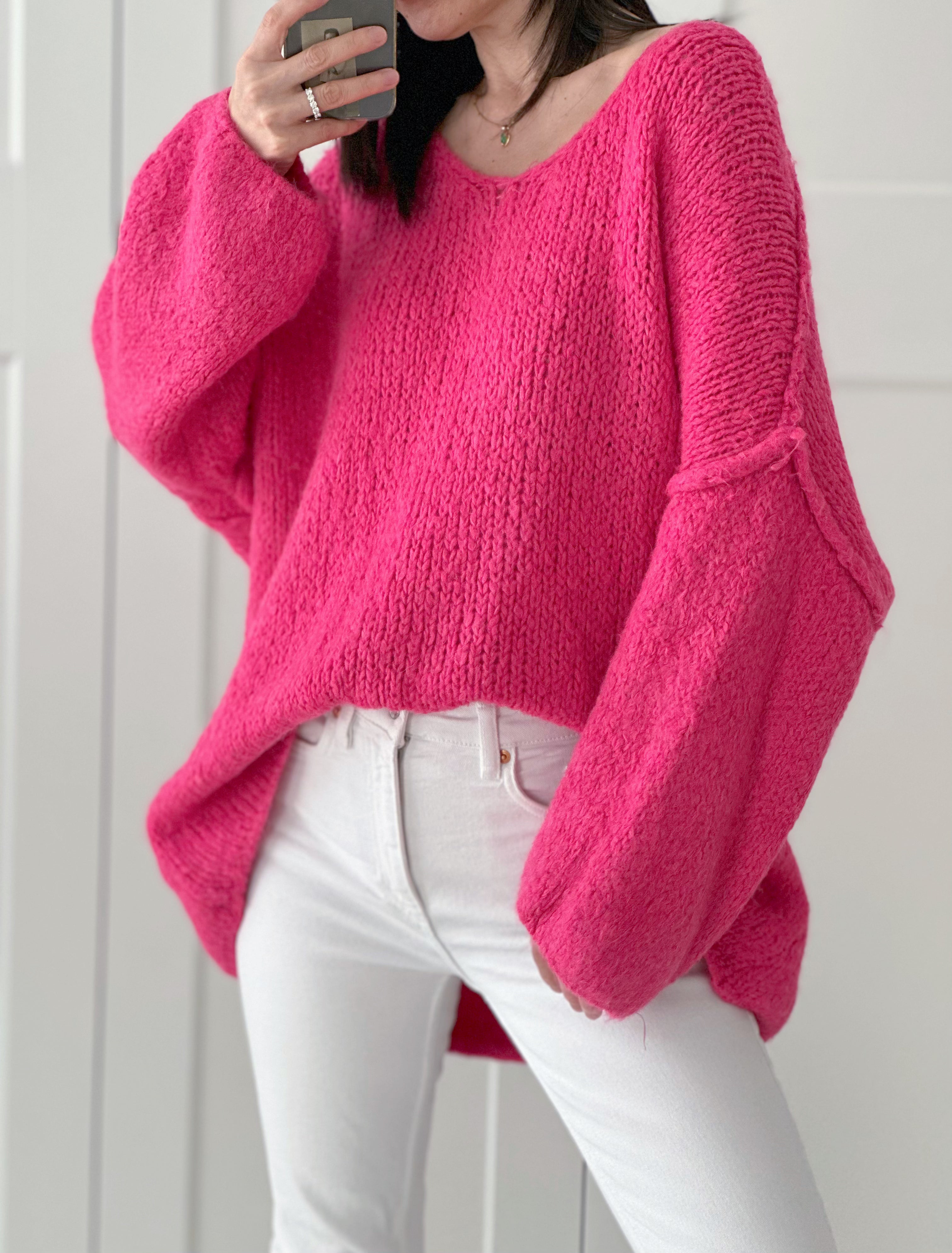 V Ausschnitt Strickpulli Rosa Langärmeliger Kaschmirpullover Mit V