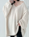 Oversized Pullover, V-Ausschnitt, Cremeweiß