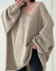 Oversized Pullover, V-Ausschnitt, Beige