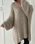 Oversized Pullover, V-Ausschnitt, Beige