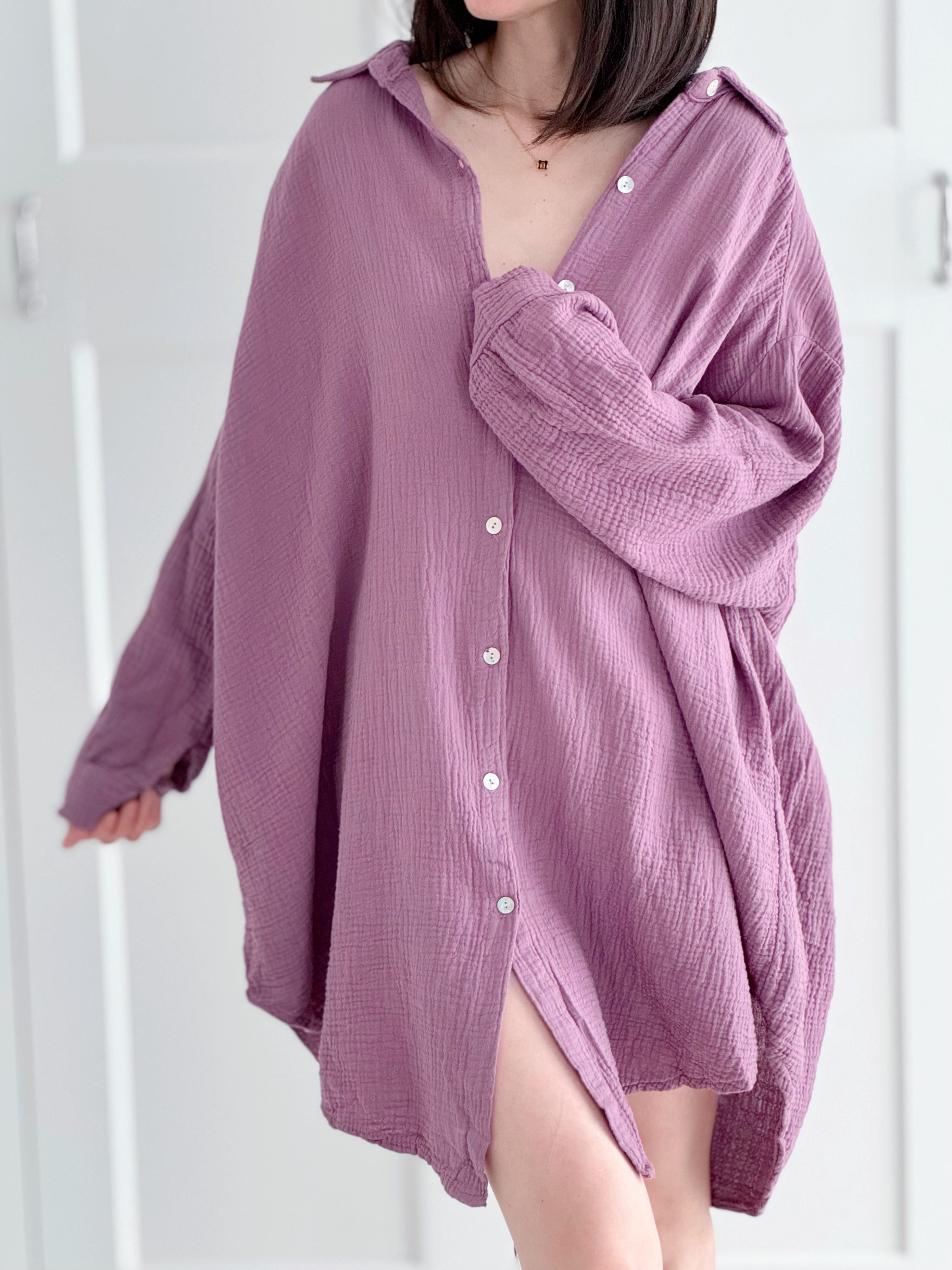 Musselin Bluse, long oversize, Aubergine