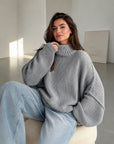 Pullover, flauschi, Stehkragen, Grau