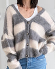 Strickjacke, Mohair, Blockstreifen, Grau