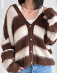 Strickjacke, Mohair, Blockstreifen, Schoko