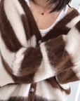 Strickjacke, Mohair, Blockstreifen, Schoko