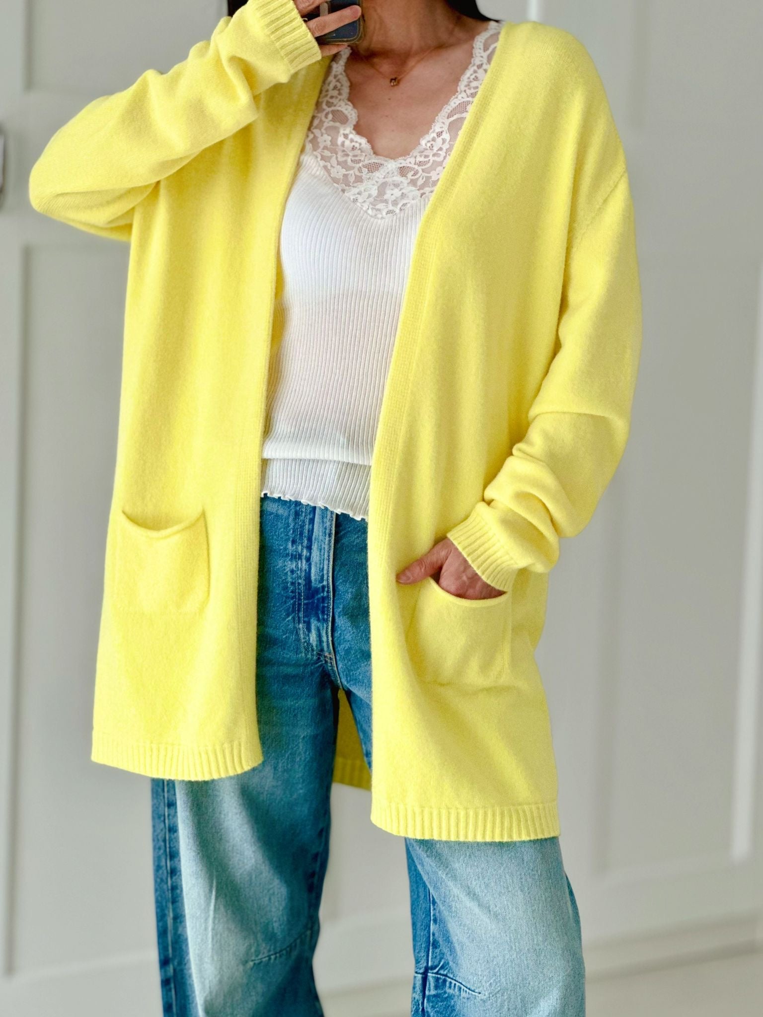 Wolle Lange Strickjacke Gelb Mittel-lange Strickjacke, Farben