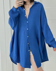 Musselin Bluse, long oversize, Blau