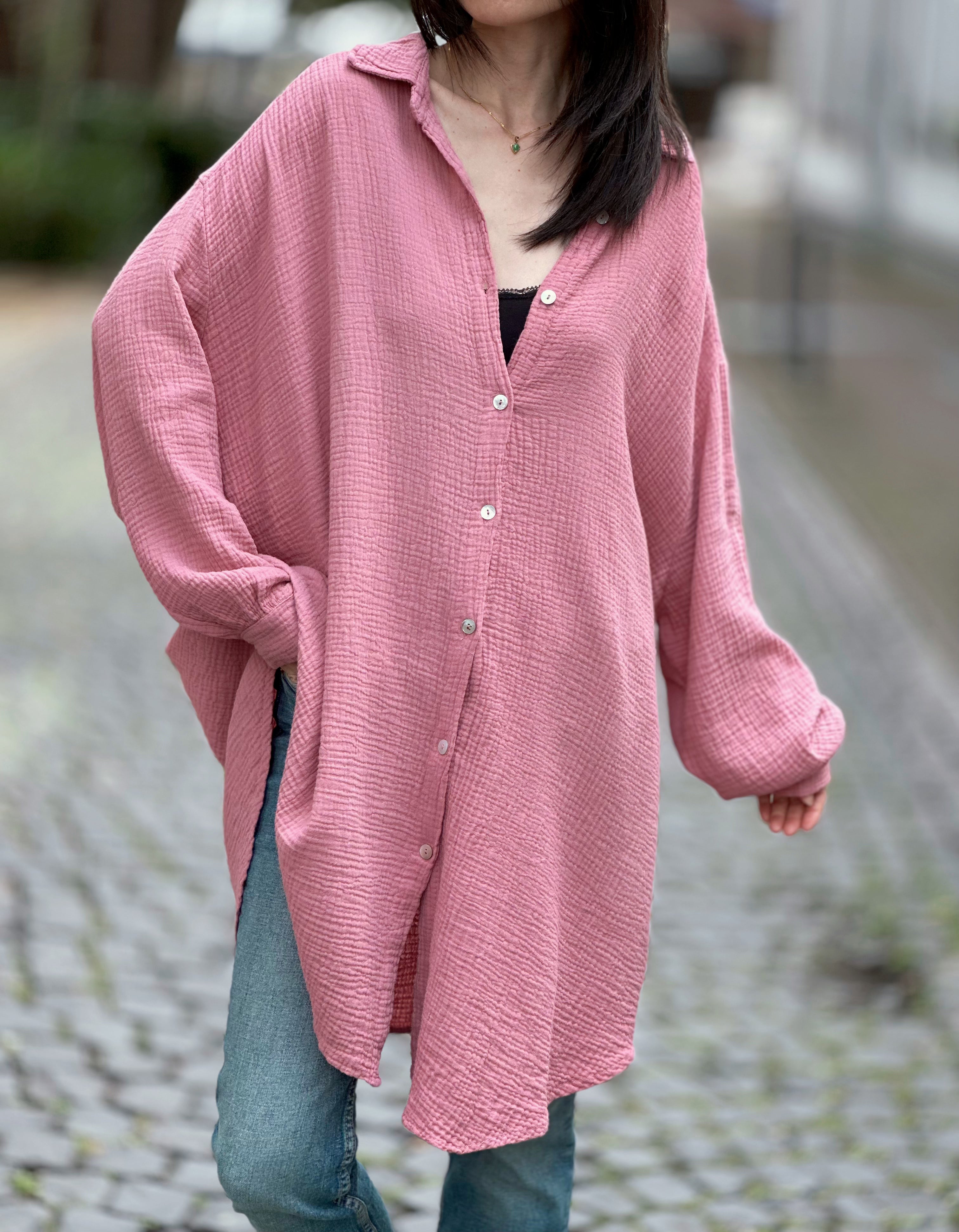 Musselin Bluse, long oversize, Beere