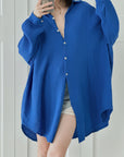 Musselin Bluse, long oversize, Blau