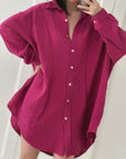 Musselin Bluse, long oversize, Fuchsie