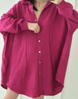 Musselin Bluse, long oversize, Fuchsie