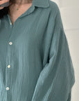 Musselin Bluse, long oversize, Graucyan