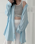 Musselin Bluse, long oversize, Babyblau