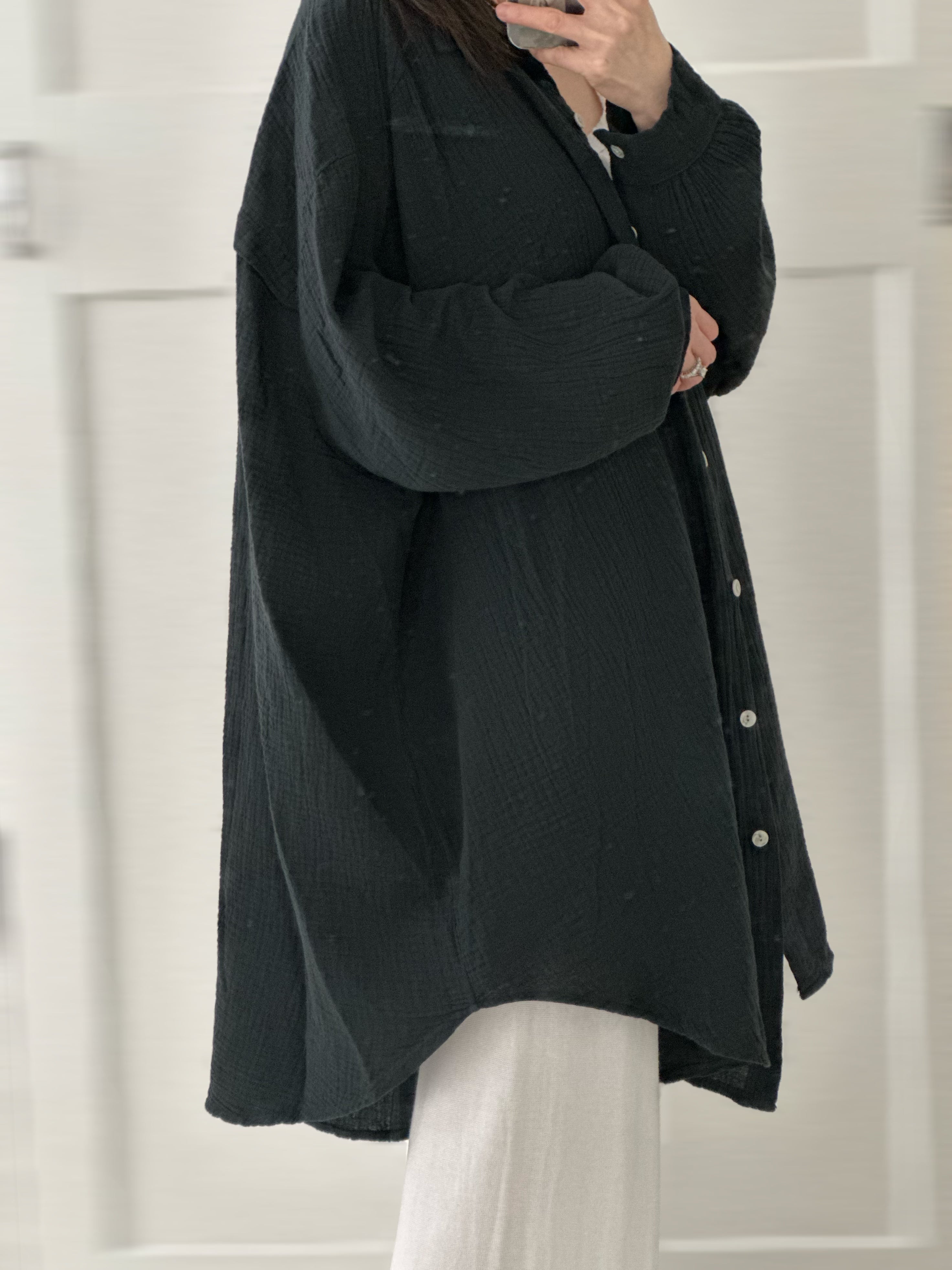 Musselin Bluse, long oversize, Schwarz