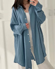 Musselin Bluse, long oversize, Graublau
