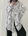Musselin Bluse, Gesichter, Oversize, Weiß