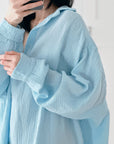 Musselin Bluse, long oversize, Babyblau