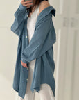 Musselin Bluse, long oversize, Graublau