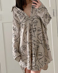Musselin Bluse, Gesichter, Oversize, Beige