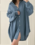 Musselin Bluse, long oversize, Graublau