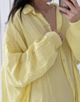 Musselin Bluse, long oversize, Buttergelb