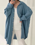 Musselin Bluse, long oversize, Graublau