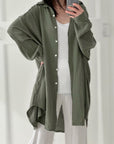 Musselin Bluse, long oversize, Khaki