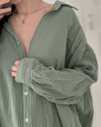 Musselin Bluse, long oversize, Matcha