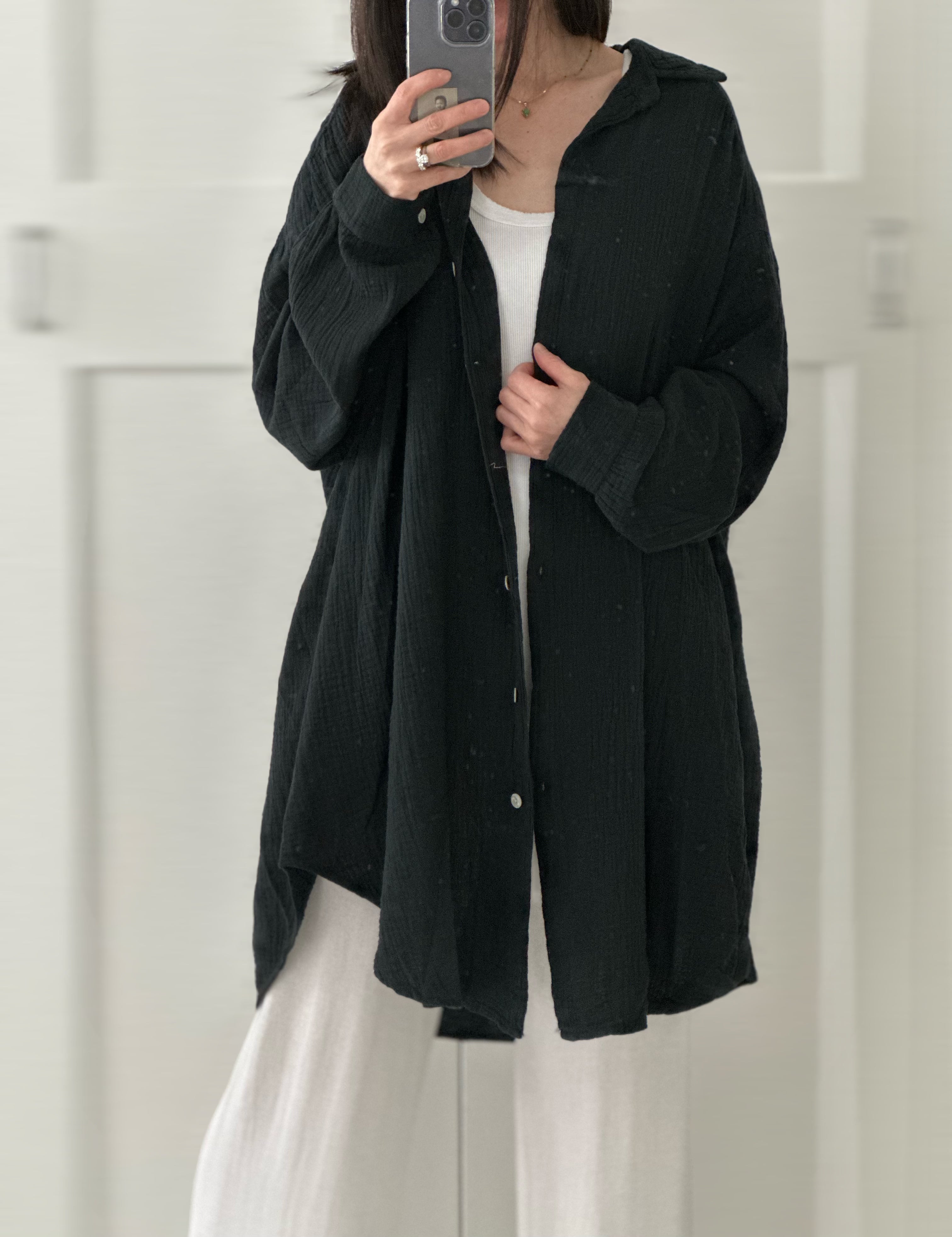 Musselin Bluse, long oversize, Schwarz