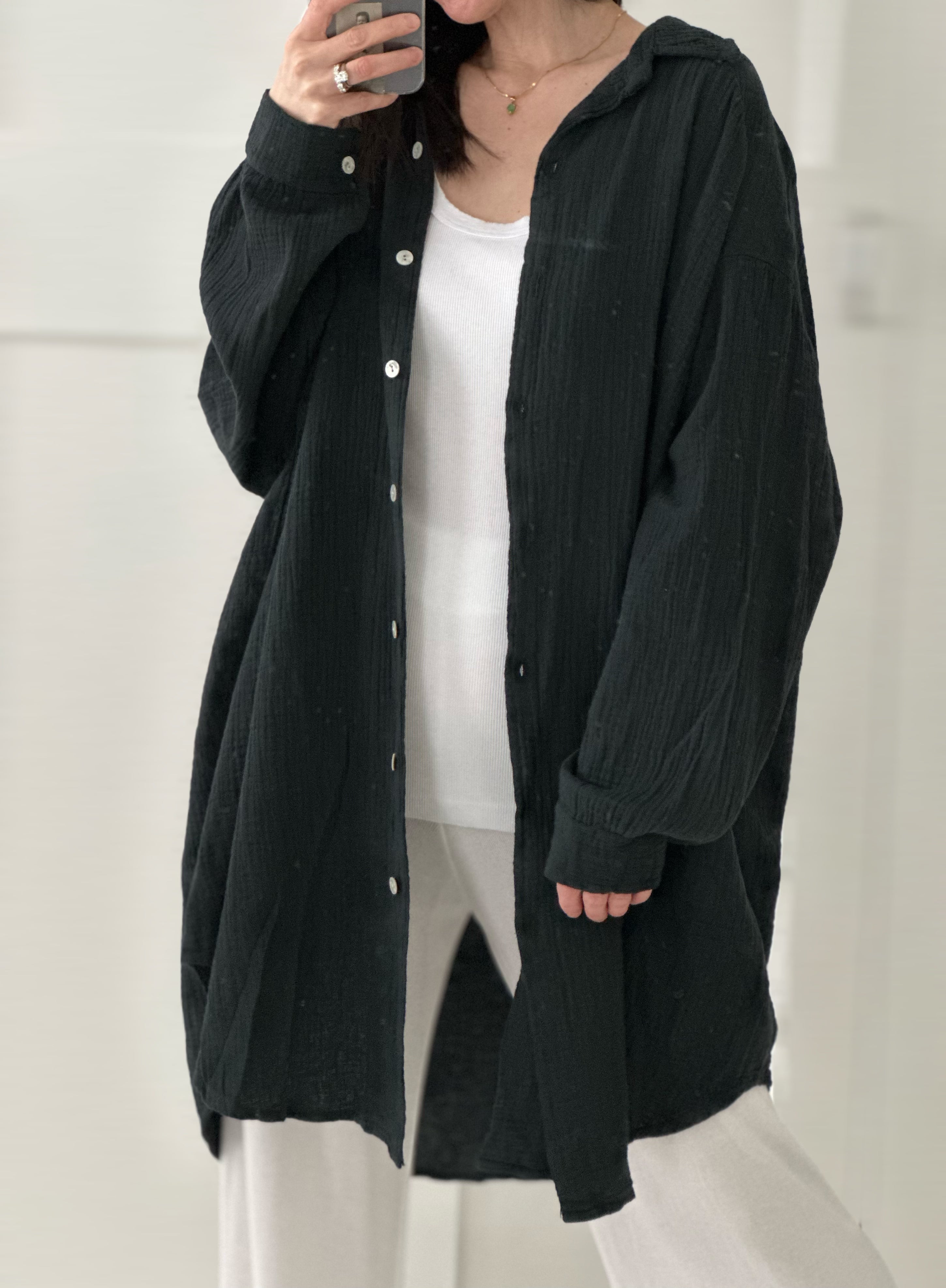 Musselin Bluse, long oversize, Schwarz