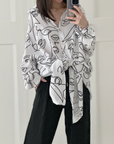Musselin Bluse, Gesichter, Oversize, Weiß