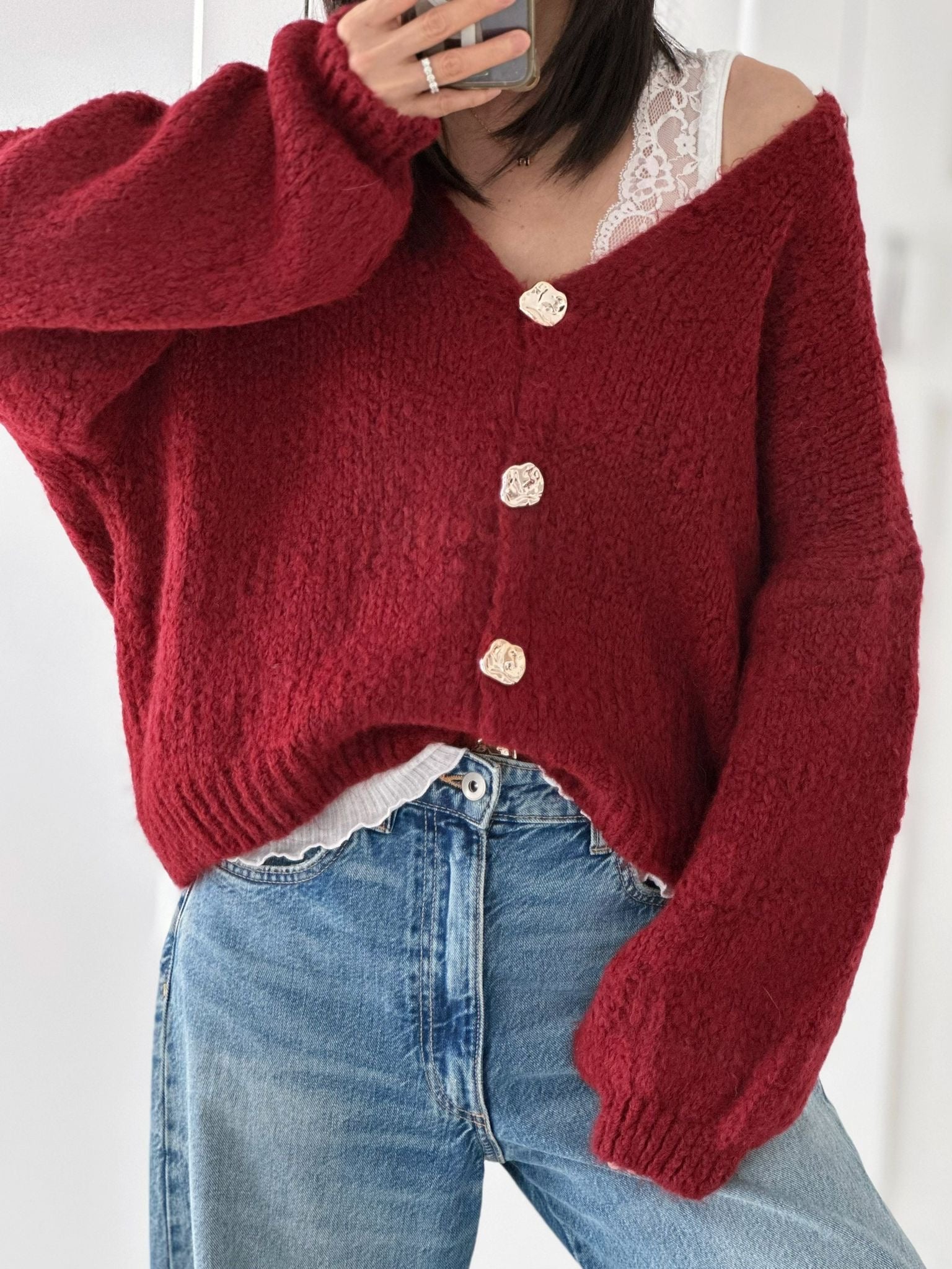 Strickjacke, Zierknöpfen, Flauschi, 3 Farben