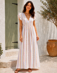 Musselin Kleid, rückenfrei, ärmellos, bunte Streifen, Beige