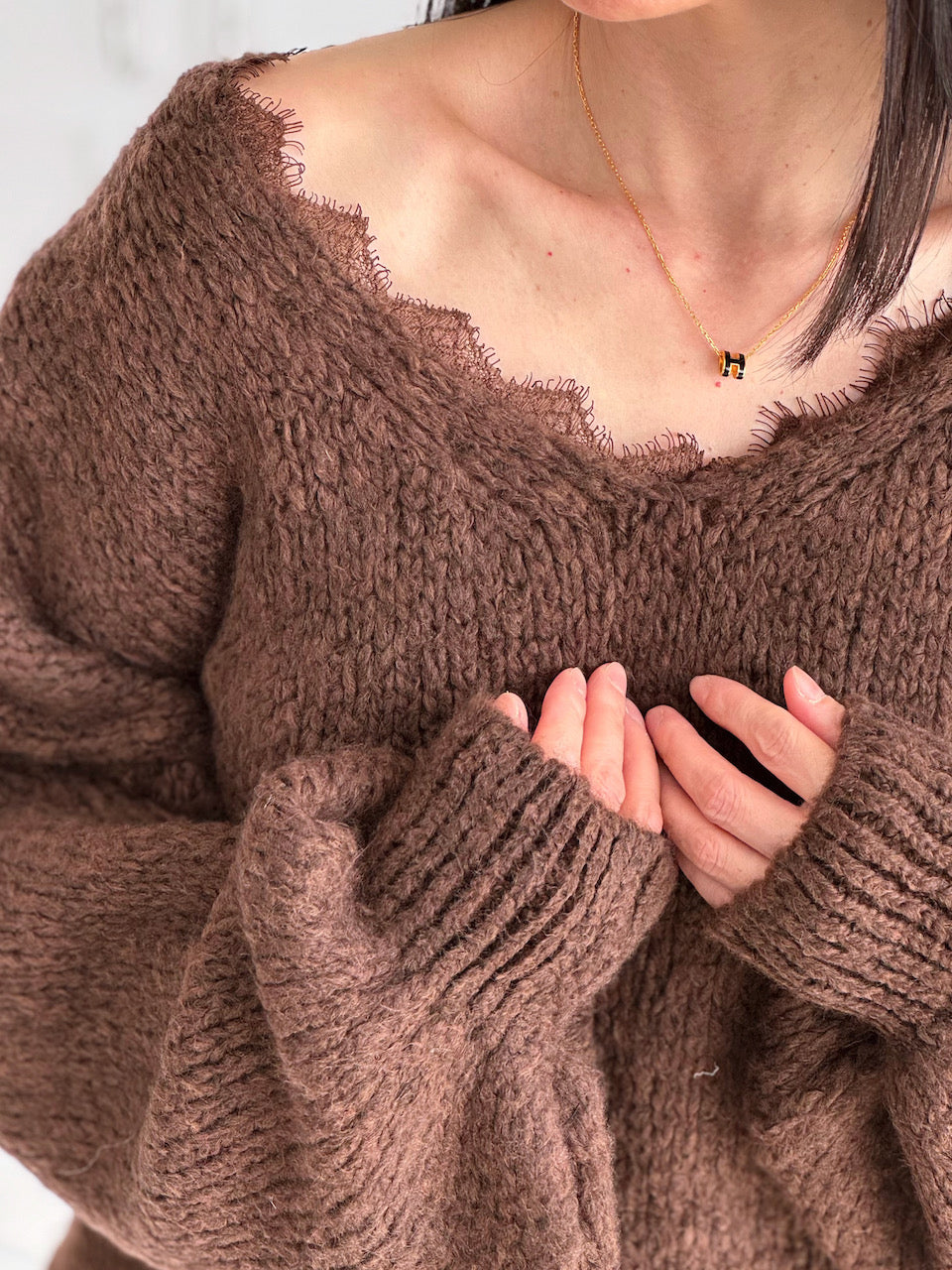 Pullover, Spitzen-V-Ausschnitt, Schoko