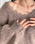 Pullover, Spitzen-V-Ausschnitt, Taupe