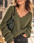 Pullover, Spitzen-V-Ausschnitt, Khaki