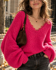 Pullover, Spitzen-V-Ausschnitt, Pink