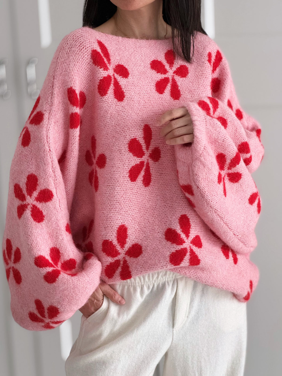 Pullover, Blumen, Ballonärmel, Rosa-Rot