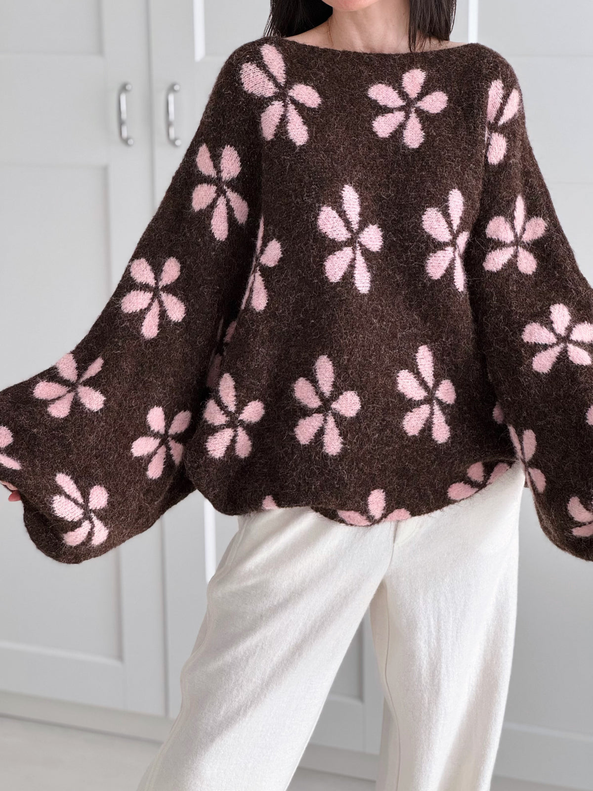 Pullover, Blumen, Ballonärmel, Schoko-Rosa