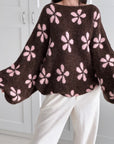 Pullover, Blumen, Ballonärmel, Schoko-Rosa