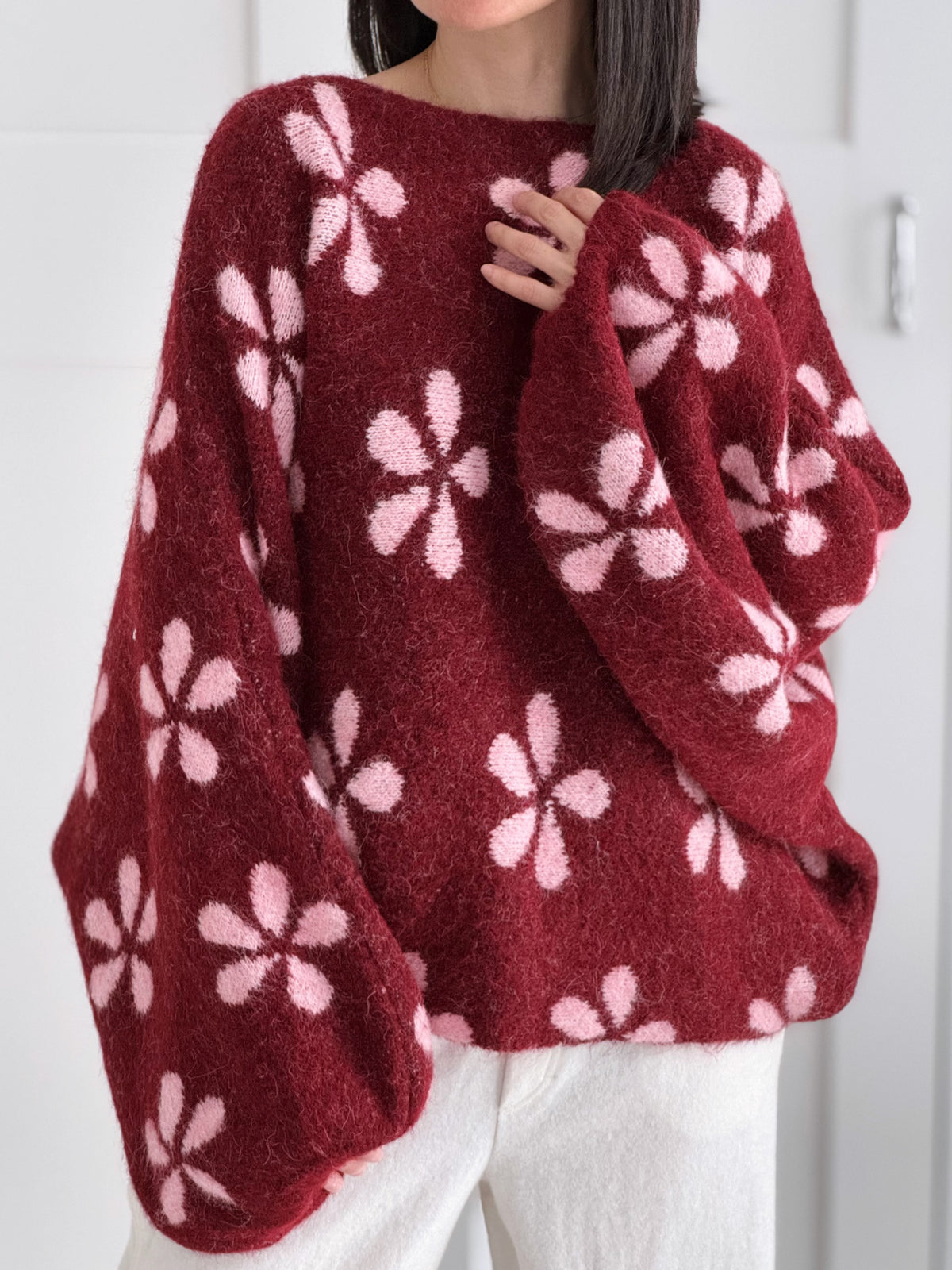 Pullover, Blumen, Ballonärmel, Bordeaux-Rosa