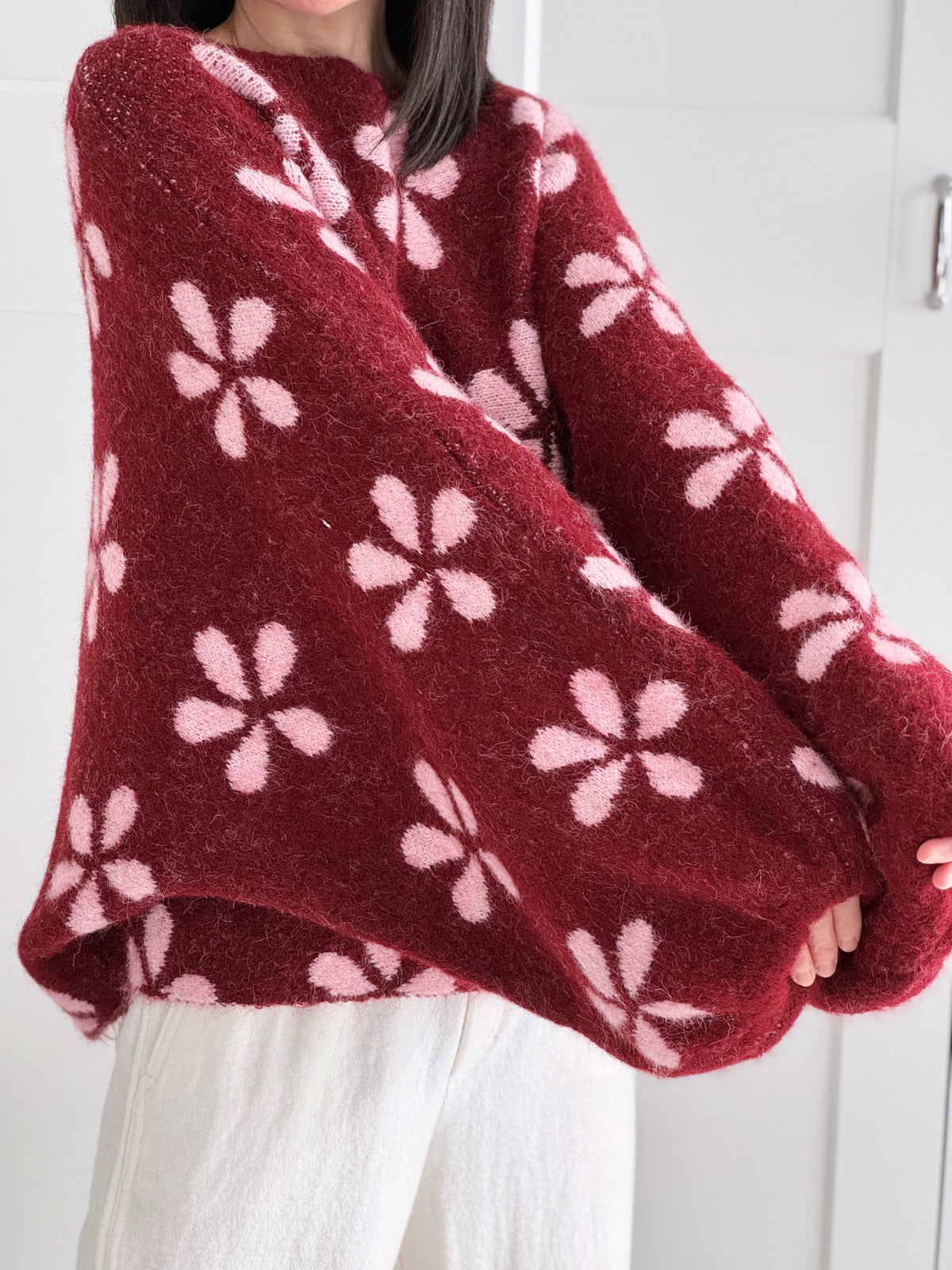 Pullover, Blumen, Ballonärmel, Bordeaux-Rosa