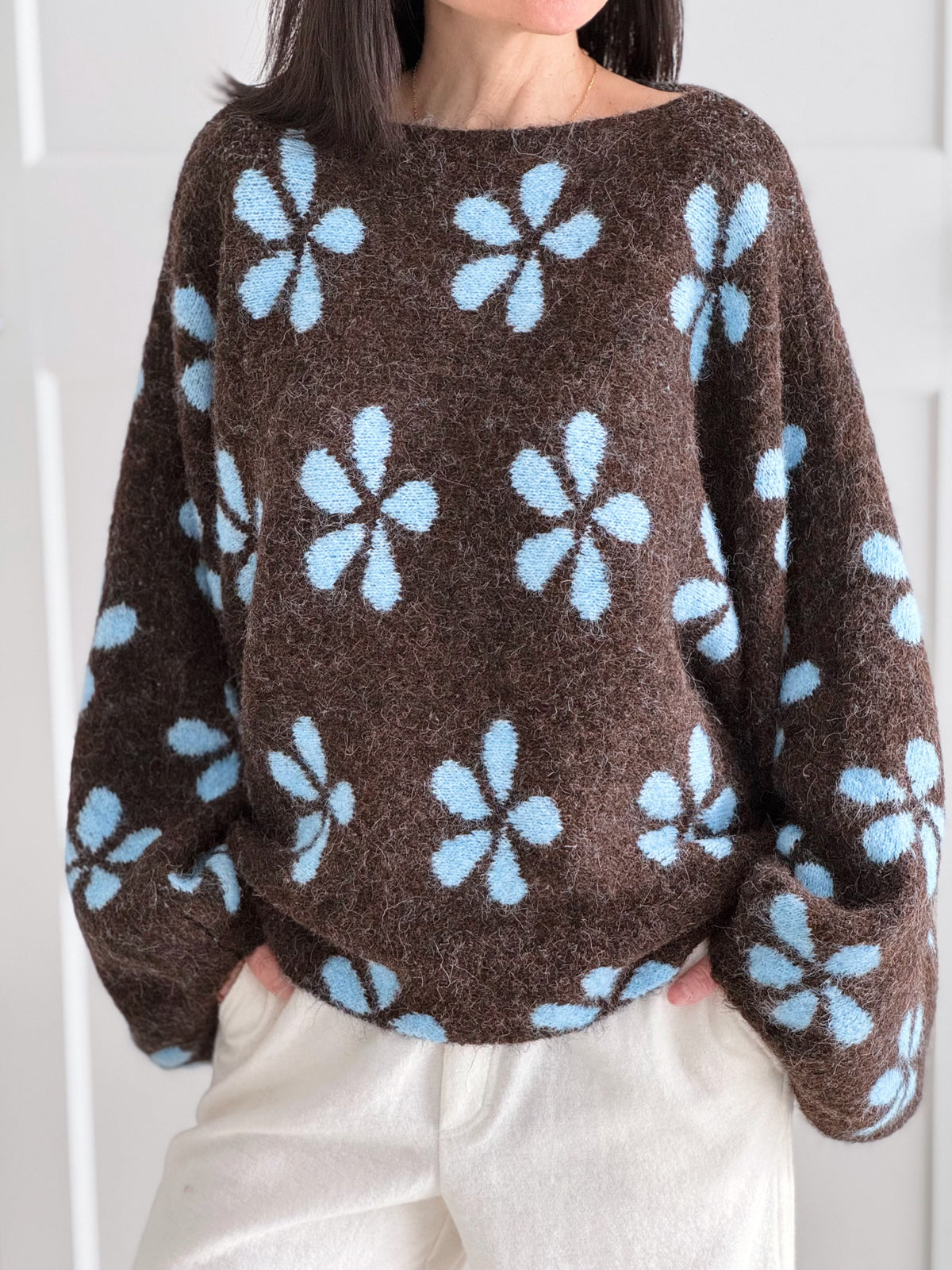 Pullover, Blumen, Ballonärmel, Schoko-Blau