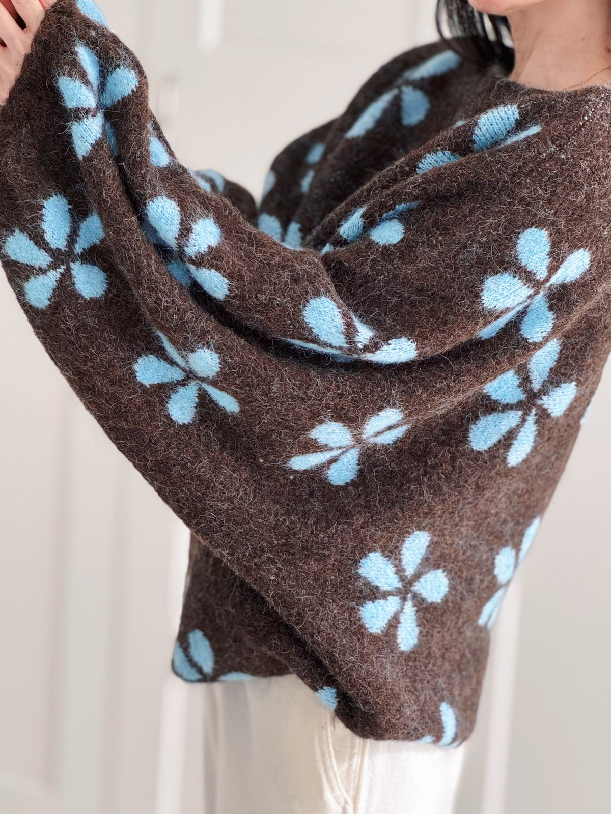 Pullover, Blumen, Ballonärmel, Schoko-Blau
