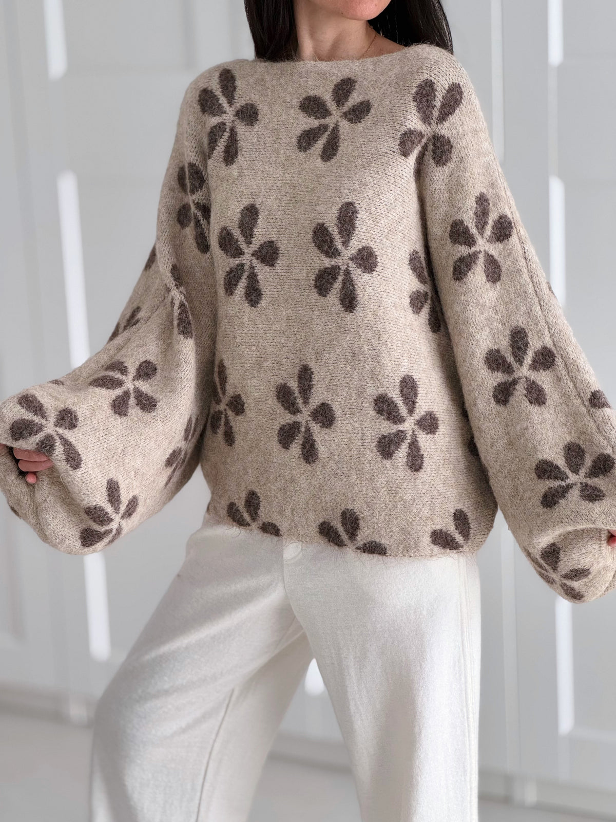 Pullover, Blumen, Ballonärmel, Beige-Taupe