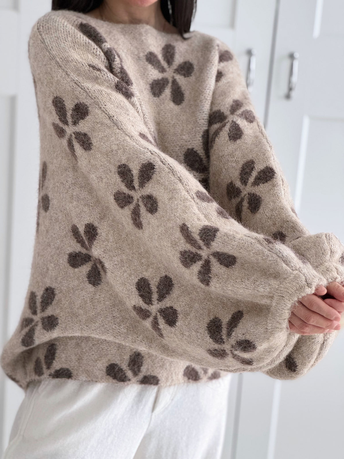 Pullover, Blumen, Ballonärmel, Beige-Taupe